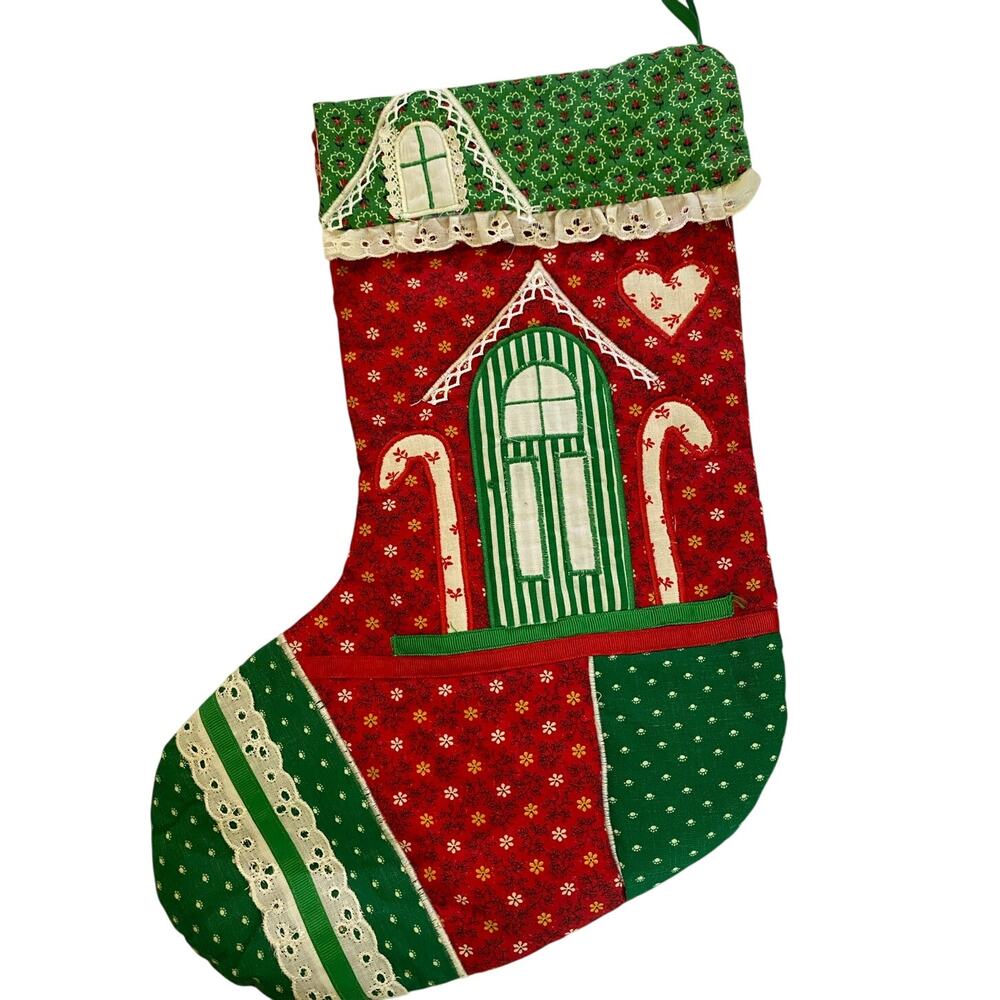 Quilted Christmas Stocking Christmas Handmade Red, Green, White